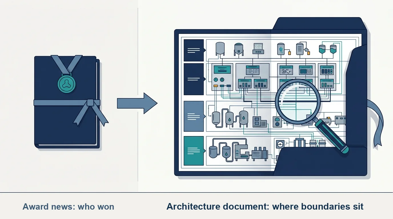 A FOYA award dossier opened into a pharma plant architecture blueprint, with a magnifier on the boundary between two system layers