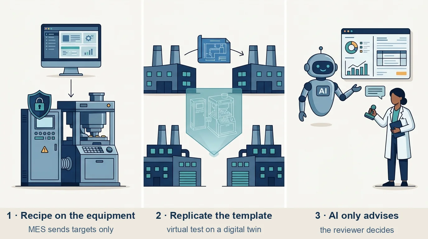 Three CSV-load patterns: recipe locked on the equipment with MES sending targets, a template replicated between plants, AI advising a human reviewer
