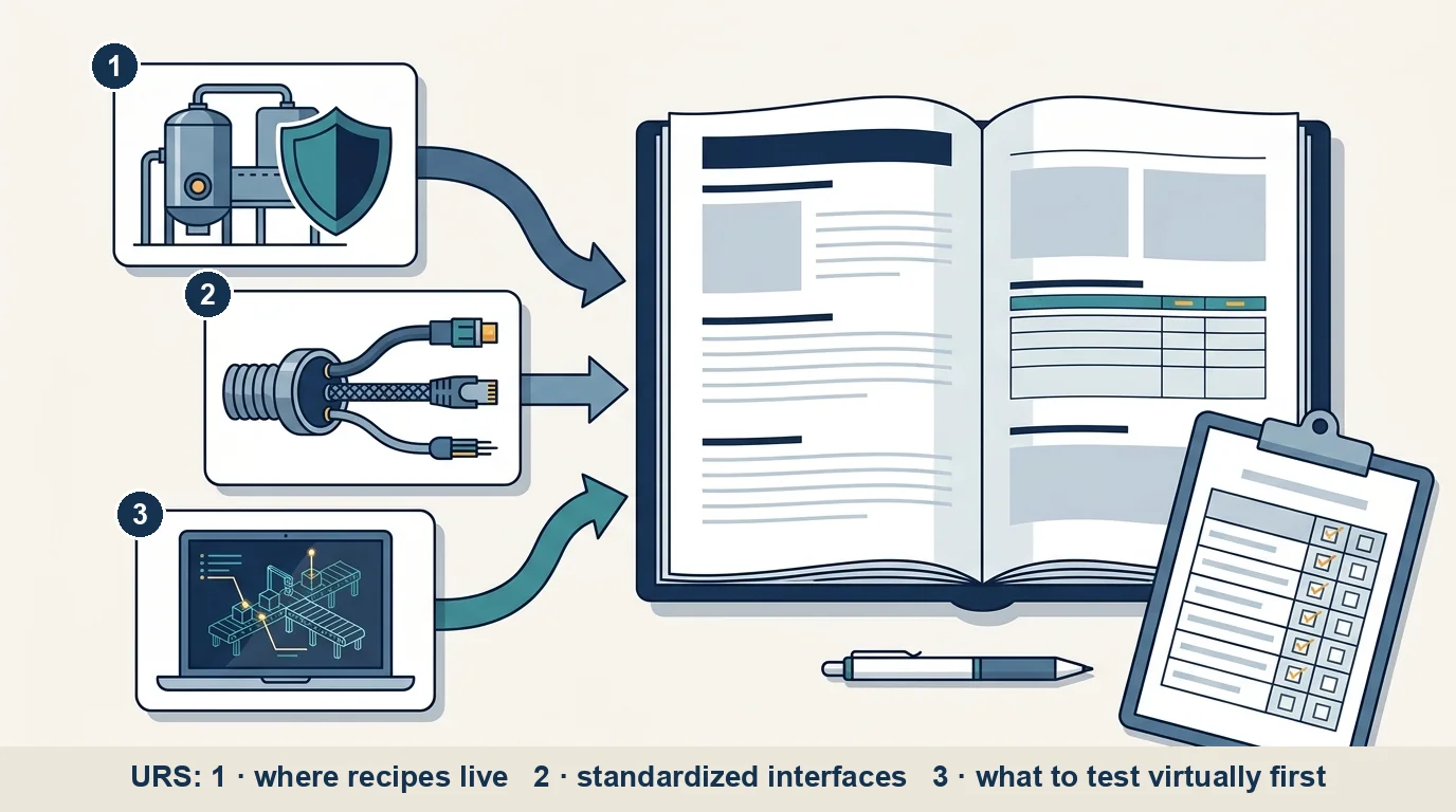 Three questions feeding a URS: where the validated recipe lives, whether interfaces are standardized, which logic is tested virtually first