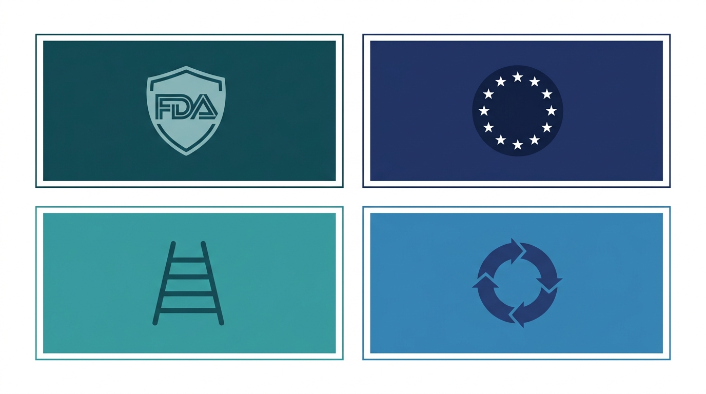 Four-block regulatory framework grid for GMP LIMS: 21 CFR Part 11, EU GMP Annex 11, GAMP 5, and ICH Q10.